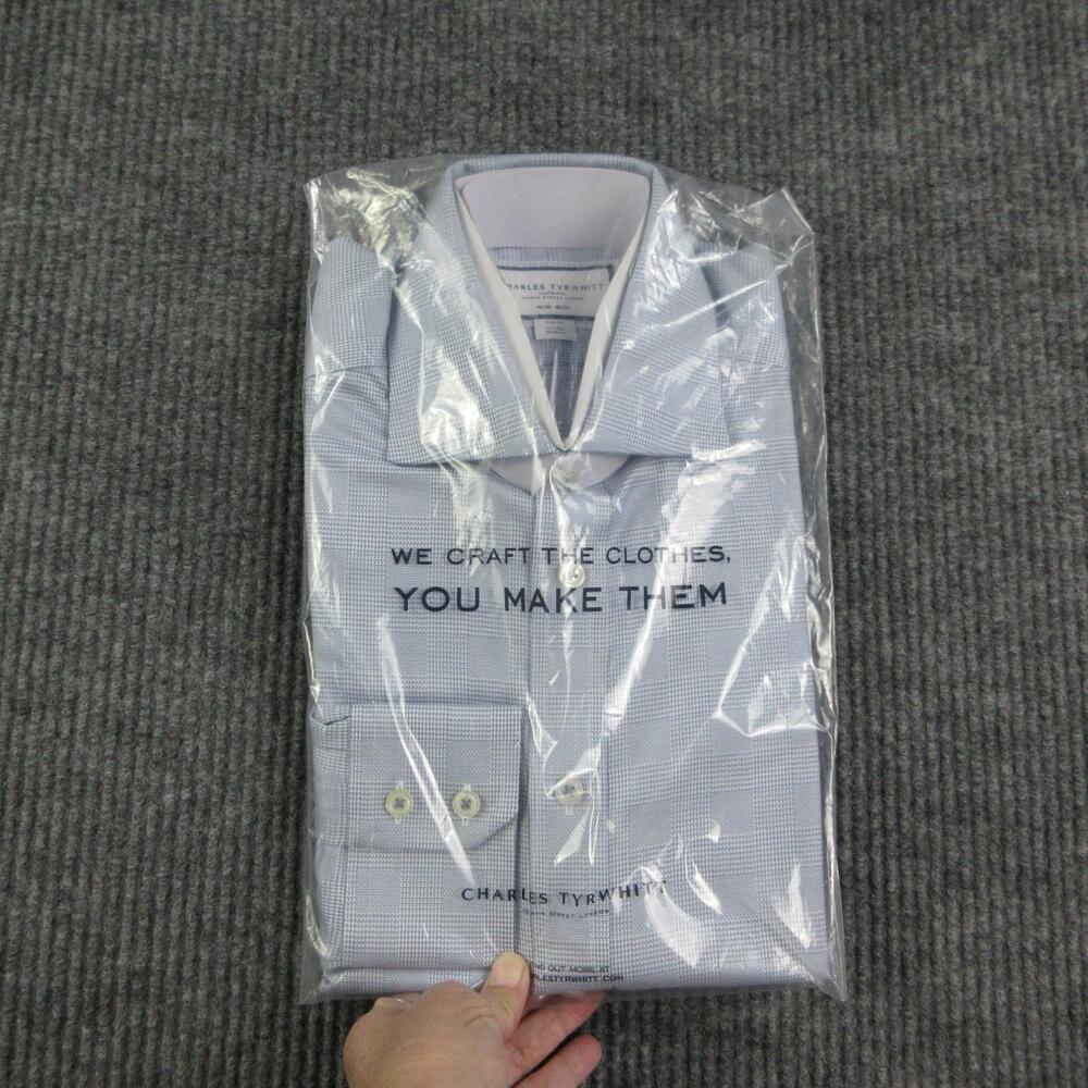 Charles Tyrwhitt Dress Shirt Mens 15 32/33 Light Blue Houndstooth Slim Fit NWOT